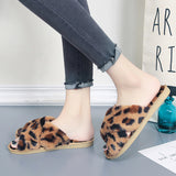 Cross-strap Fuzzy Leopard Slippers