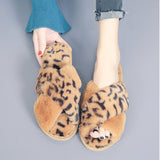 Cross-strap Fuzzy Leopard Slippers